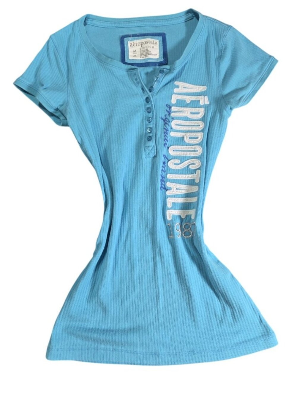 VTG Y2K Aeropostale Henley Longline Blue Baby Tee Spellout Ribbed Top Sz M Y2K